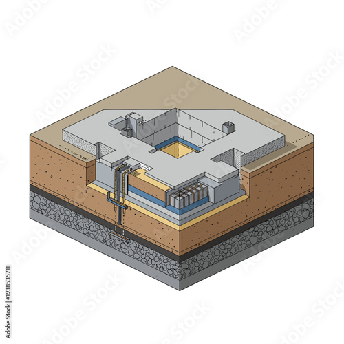 Cutaway illustration showcasing the intricate layers of a building's foundation and drainage system.