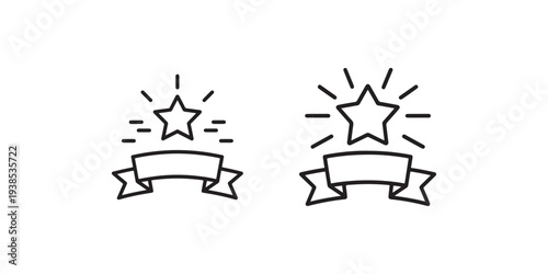 Shining star and banner ribbon vector icon set. top quality rating symbol. best service mark or premium achievement sign collection