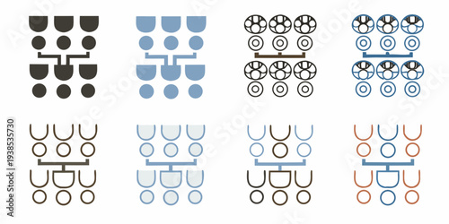 Abstract arrangements of circles and lines in varying color palettes