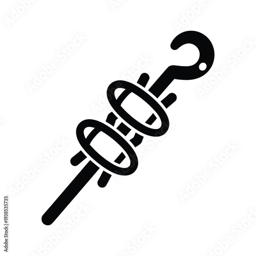 Schilderij op canvas Black Grappling Hook Icon, Silhouette of Climbing Tool with Rings, Minimalist Eq