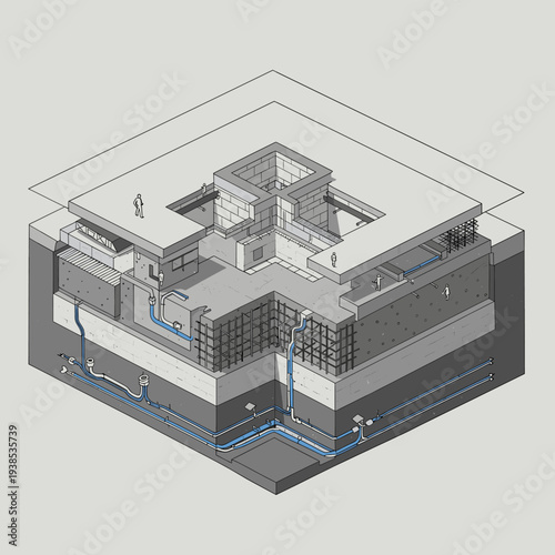 Isometric cutaway diagram of a building's underground structure, foundations, and complex drainage system, showing multiple layers of earth and utility pipes.