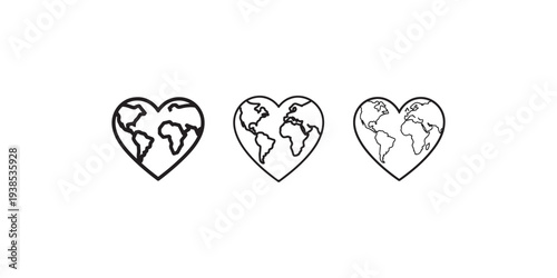 Three earth globe icons in heart shapes, representing world love, global care, environmental protection and international unity