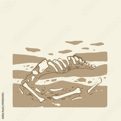 Illustration of fossilized dinosaur bones partially unearthed from sedimentary rock layers.