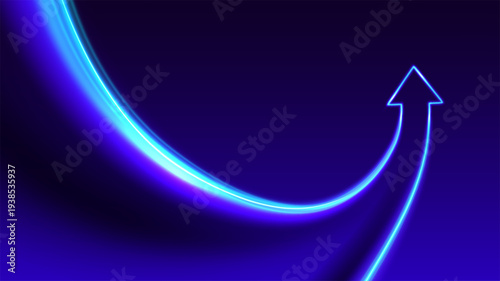 Neon glowing lines combining upward arrow. Symbol of growth, synergy, success. Futuristic tech concept on dark gradient background.