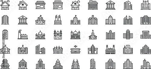 A collection of various small outline icons depicting different types of global buildings and architectural structures arranged in.