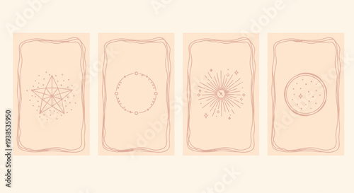 Esoteric Tarot Card Backs with Celestial Symbols on Beige Background