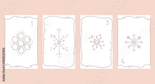Four Tarot Cards Backs with Celestial and Geometric Designs on Pink Background