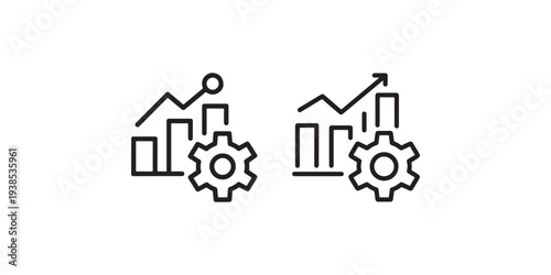 Two chart and gear icons for data analysis, performance optimization, business process management and financial growth illustration