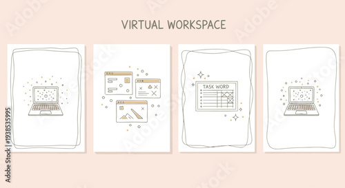 Virtual Workspace Concept: Laptops, Browser Windows, Charts, and Task Board