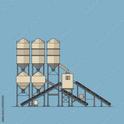 Illustration of an industrial concrete plant with silos and conveyor belts against a blue background.