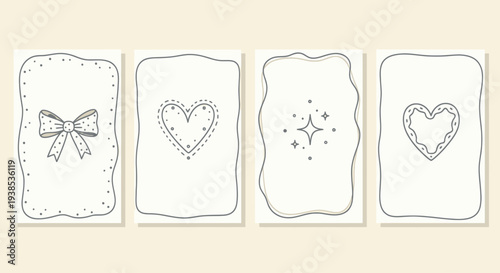 Cute Hand-Drawn Card Templates with Bow, Heart, and Sparkle Icons