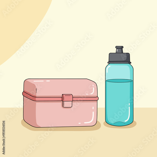 A simple illustration of a pink lunchbox and a blue water bottle on a light background.