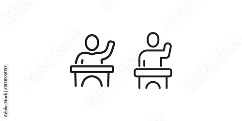 Linear vector illustration of person standing at podium giving speech representing public speaking communication skills and political debate presentation