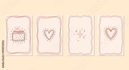 Hand-drawn cosmetic jar, hearts and stars on pastel background, set of 4 cards