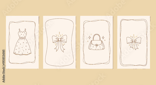 Chic Fashion Illustrations: Dress, Handbag, Bows - Minimalist Line Art