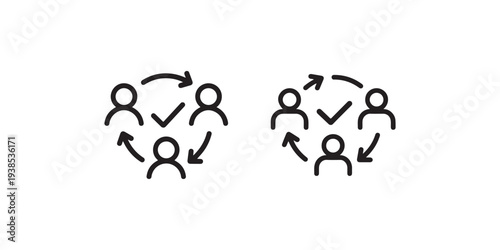 People icons showing teamwork and cooperation with arrows and checkmarks representing successful collaboration and mutual support in business