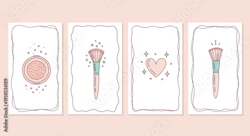 Cute Makeup Brushes and Powder Compact with Heart and Sparkles Icons