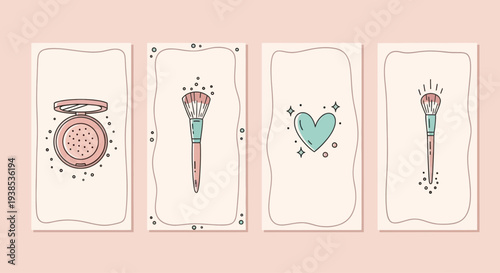 Cute Makeup Brushes and Powder Compact Illustration with Heart Icon
