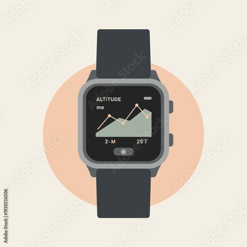 A minimalist illustration of a dark grey smartwatch displaying an altitude graph on its screen, set against a peach circle on a light background.