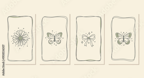 Hand-drawn whimsical illustrations: butterfly, flower, bow, on textured background