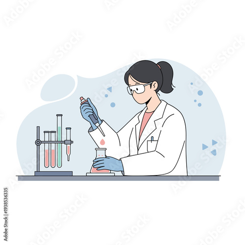 Female scientist conducting an experiment in a laboratory, using a pipette and test tubes.