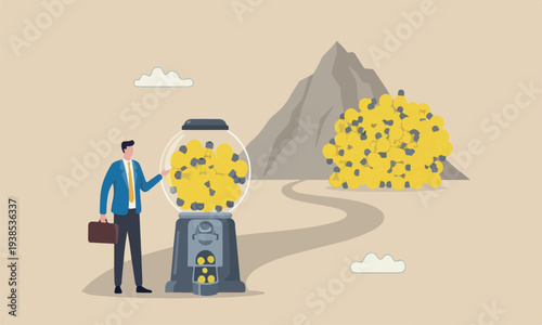 Business ideas entrepreneur or innovation light bulb symbol concept, smart businessman with a lot of ideas standing with gumball machine with abundance of lightbulb ideas