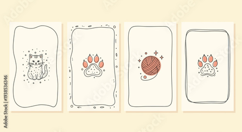 Cute Cat Paw Print Yarn Ball Doodle Art Cards