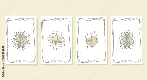 Intelligent Brain and Circuitry Icons on Cards, AI and Technology Concept
