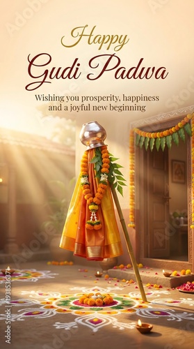 Gudi padwa celebration with traditional indian decorations and rangoli design