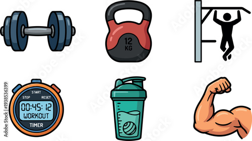 Cartoon vector close up gym equipment icons showing dumbbell kettlebell stopwatch shaker bottle pullup silhouette and flexed arm bold outline illustration