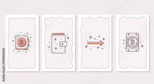 Bitcoin Wallet and Transaction Icons: Digital Currency, Crypto Finance, Online Payment