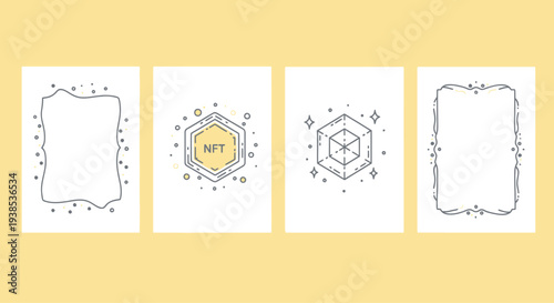 NFT Digital Art Icons: Hexagon, Cube, Frames, Blockchain Technology