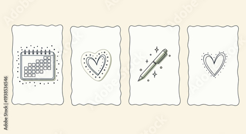Doodle Icons: Calendar, Heart, Pen, Heart - Hand-Drawn Elements for Design