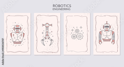 Robotics Engineering: Robot Heads, Robotic Arm, Gears, and Circuitry Vector Illustrations