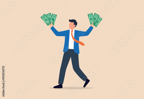 Earn money make profit from investment, savings, income or salary increase, get rich and earn more wealth concept, happy businessman money banknotes as financial success