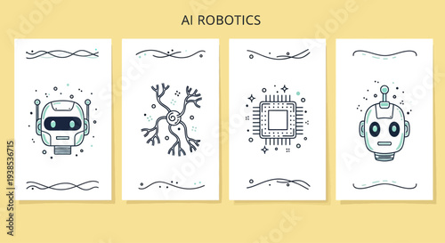 AI Robotics Icons: Robot Heads, Neuron, Microchip - Future Technology Concept