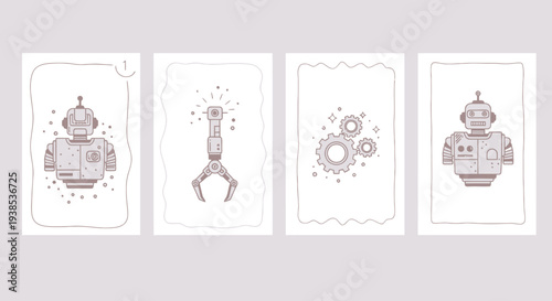 Retro robot heads, robotic arm, and gears on poster templates