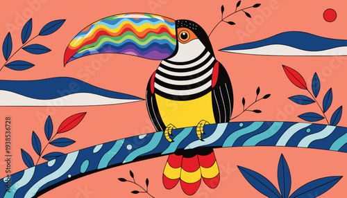 Vibrant toucan perched on a branch with a rainbow-colored beak, surrounded by abstract foliage and a sunset motif.