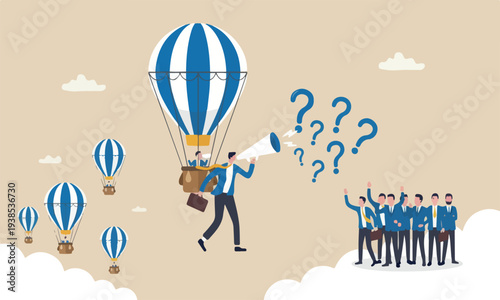Differentiate ,meeting teams together initiative businessman flying with balloon stand out from other same competitors