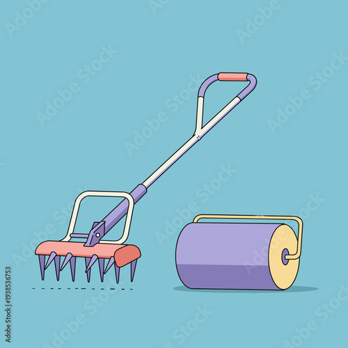 A cartoon illustration of a lawn aerator and a lawn roller, tools used for garden maintenance, set against a solid blue background.