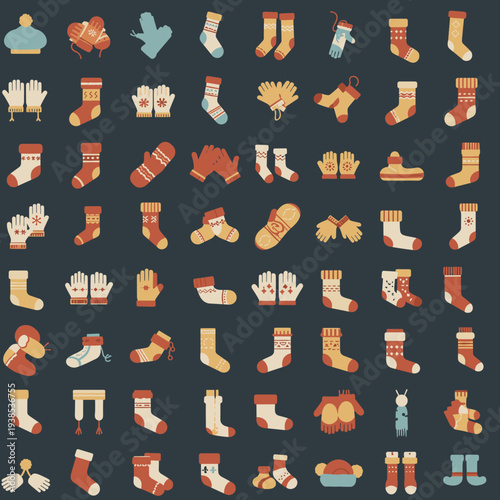 A collection of various winter accessories including socks, mittens, gloves, and hats in a flat design style on a dark background.