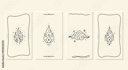 Minimalist Fire and Cloud Icons with Decorative Borders on Cream Background