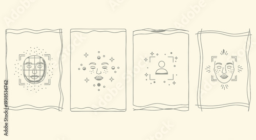 Facial Recognition Technology Icons: Biometric Scan, Face ID, Security, and Identity Verification