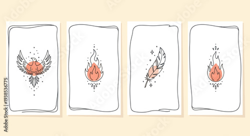 Boho Phoenix, Fire, Feather, and Stars. Mystical Tarot Card Illustrations.
