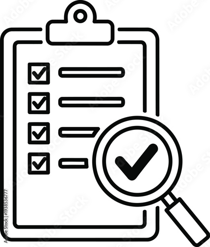 Clipboard checklist with four completed tasks is magnified by a large check-marked magnifying glass indicating successful audit.