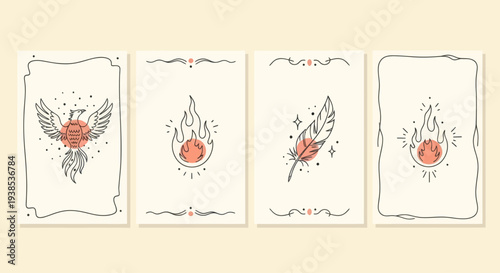 Esoteric Symbols: Phoenix, Feather, Fire, Moon - Celestial Art Cards