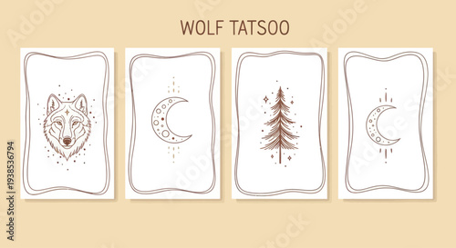 Boho Wolf, Moon, Pine Tree Tattoo Designs Set, Line Art Illustrations