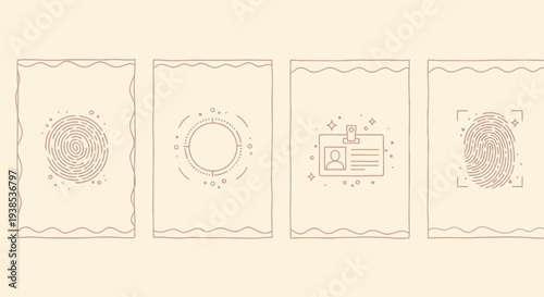 Digital Identity and Security: Fingerprints, ID Card, and Biometric Scan Icons
