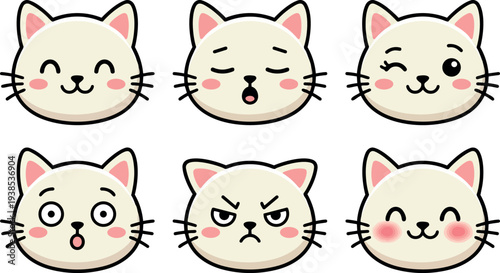 Kawaii flat design cat face emoji set showing six different expressions close up vector icons with pastel blush pink cheeks playful