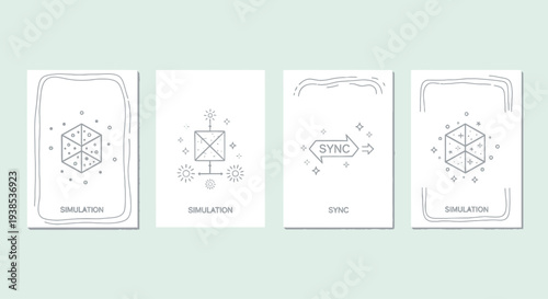 Set of 4 minimalist line art icons: Simulation, Circulation, Sync, Simulation